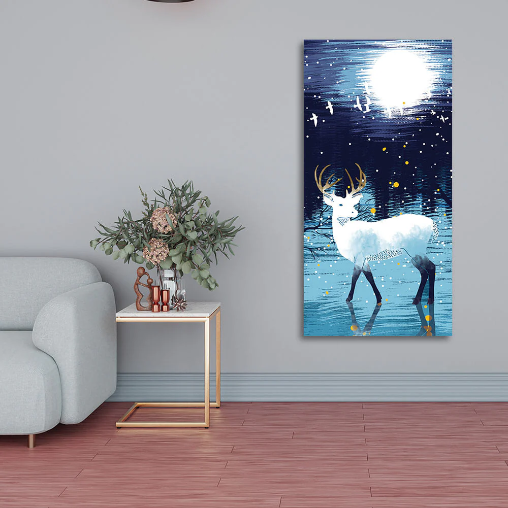 Beautiful White Deer in Full Moon Night Premium Canvas Wall Painting - Image 2