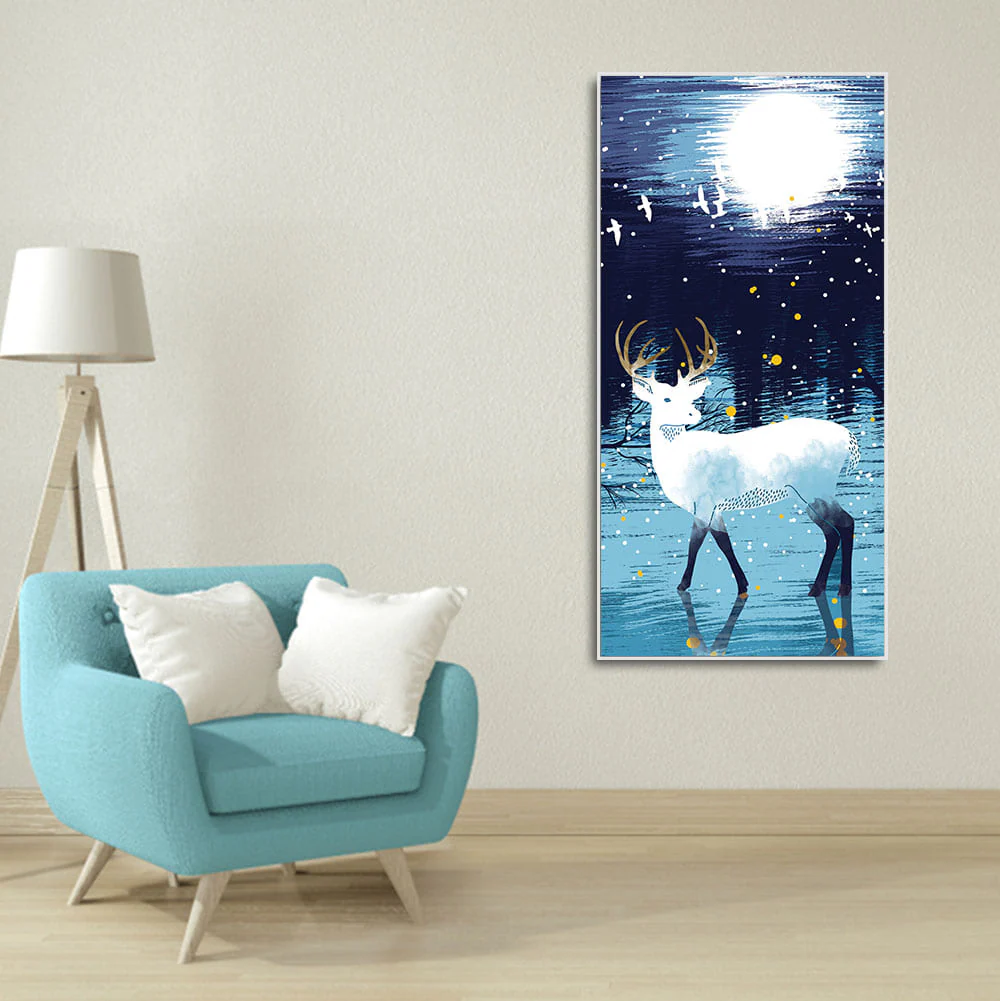 Beautiful White Deer in Full Moon Night Premium Canvas Wall Painting - Image 3