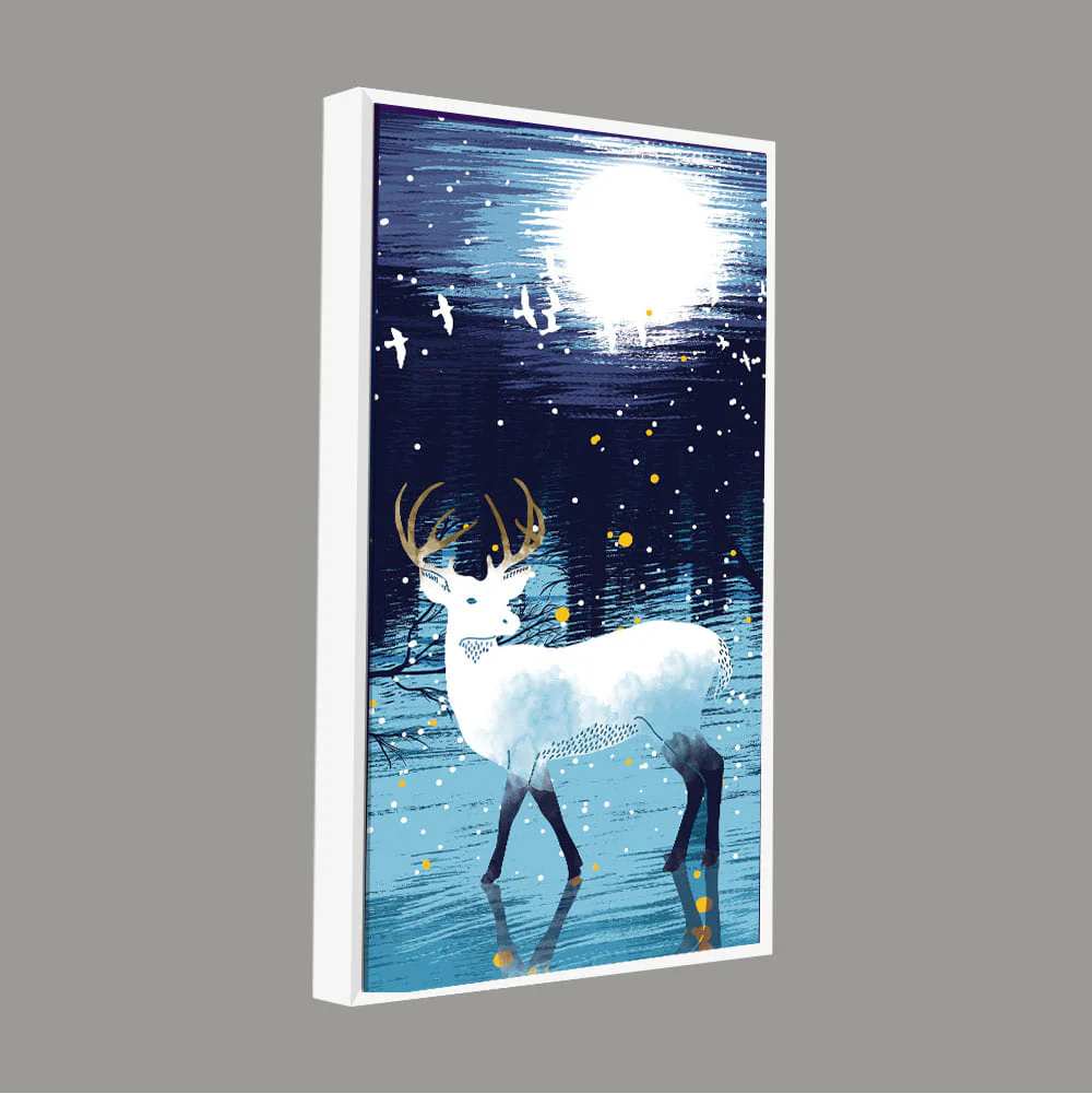 Beautiful White Deer in Full Moon Night Premium Canvas Wall Painting - Image 5