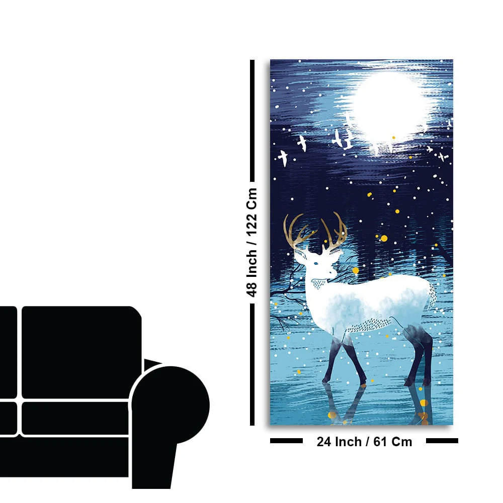 Beautiful White Deer in Full Moon Night Premium Canvas Wall Painting - Image 7