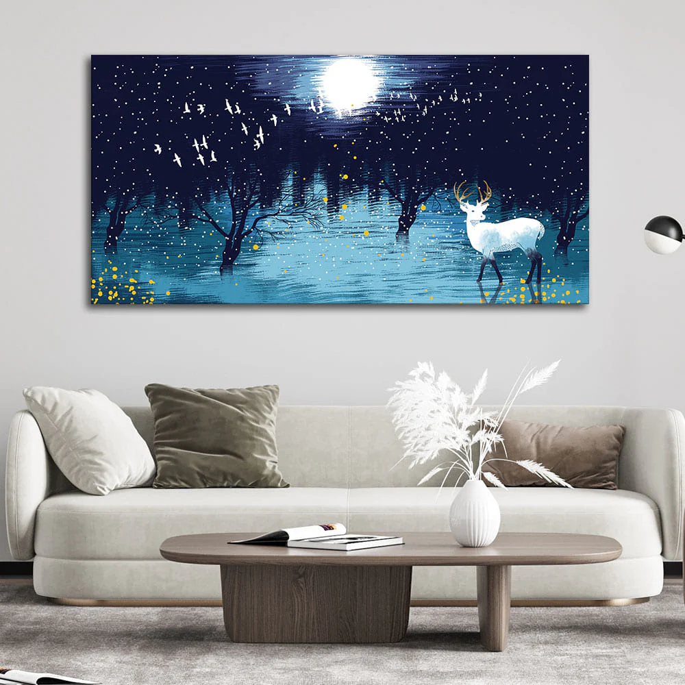 Beautiful White Deer in Full Moon Night Premium Wall Painting - Image 2