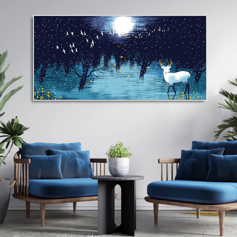 Beautiful White Deer in Full Moon Night Premium Wall Painting - Image 3