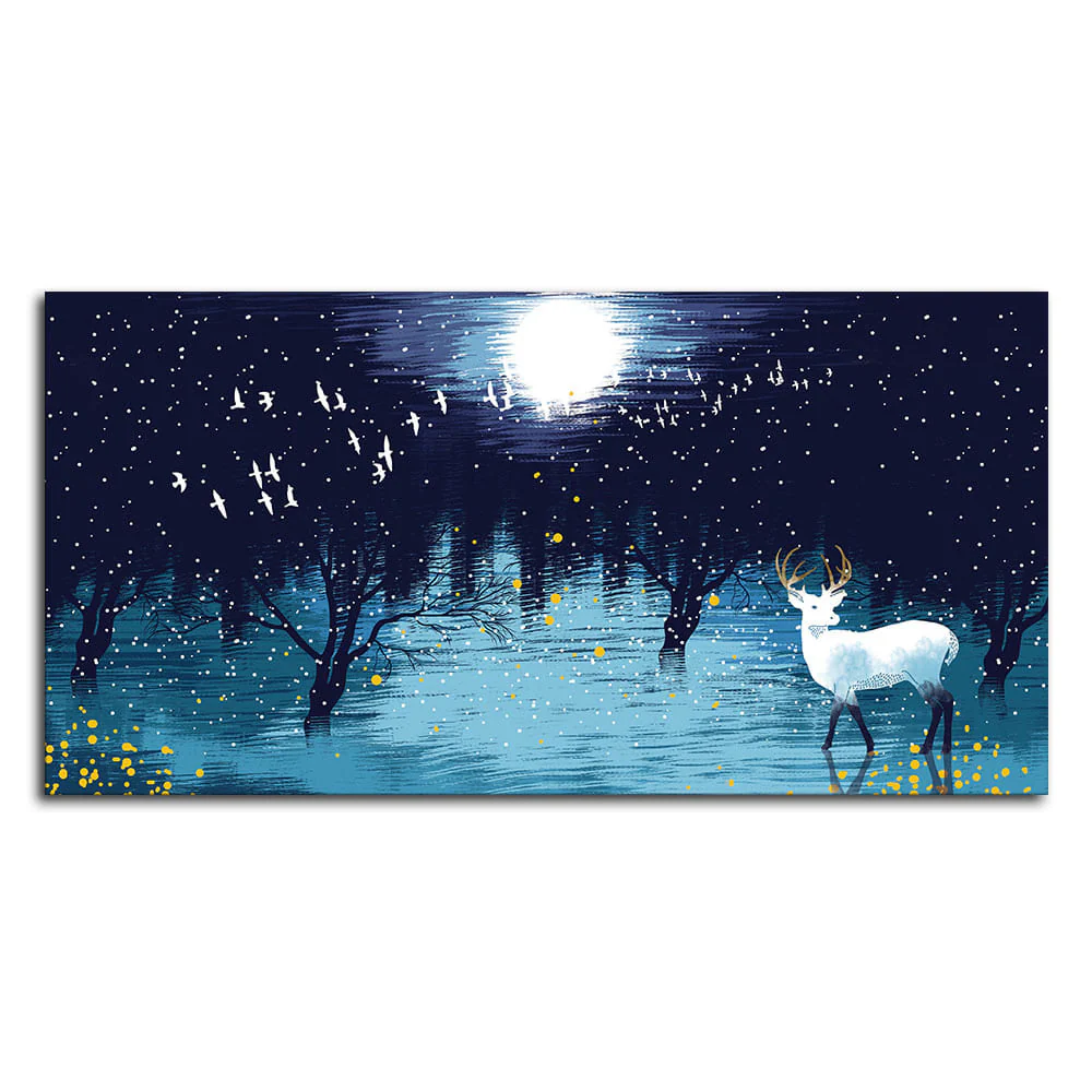 Beautiful White Deer in Full Moon Night Premium Wall Painting - Image 4
