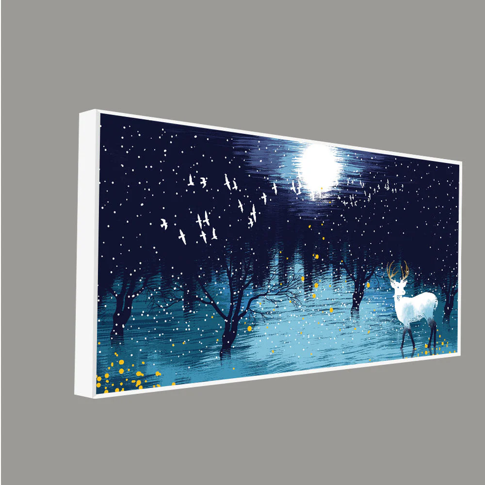 Beautiful White Deer in Full Moon Night Premium Wall Painting - Image 5