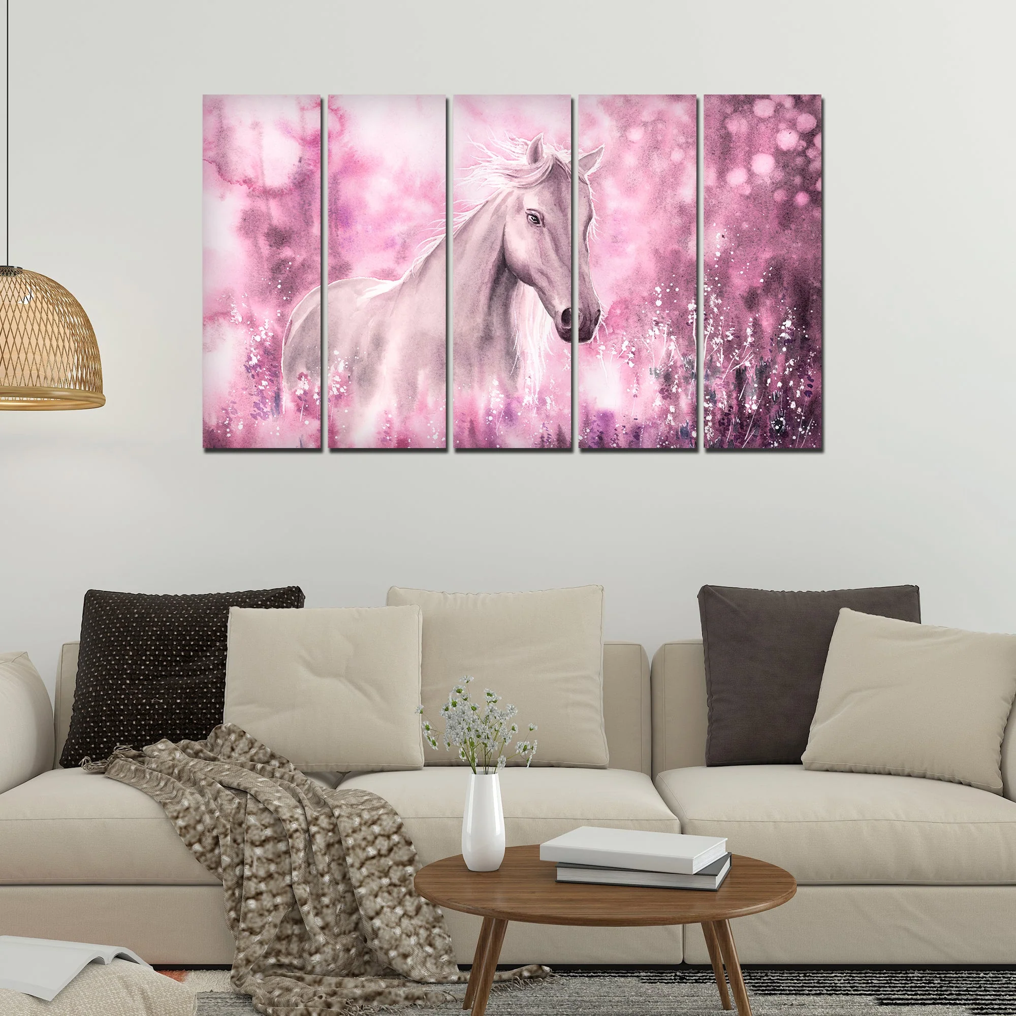 Beautiful White Horse Canvas Wall Painting Set of Five - Image 3