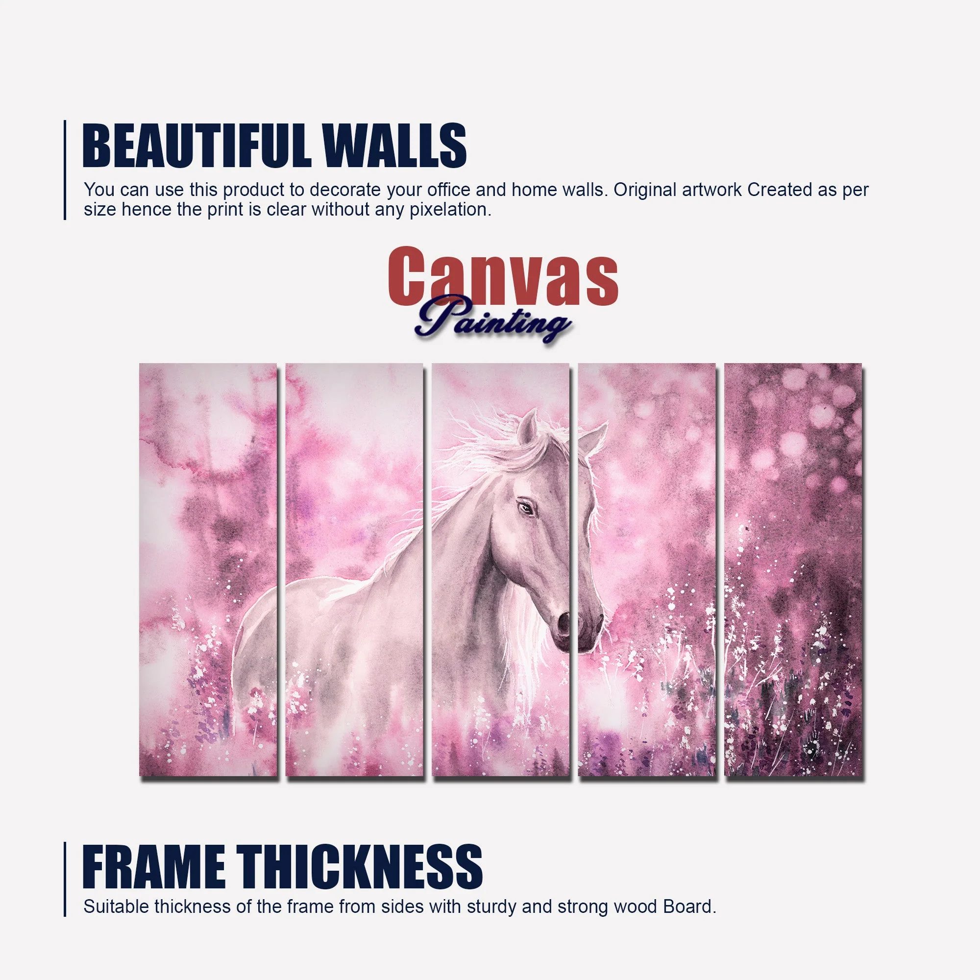 Beautiful White Horse Canvas Wall Painting Set of Five - Image 5