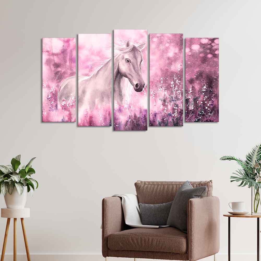 Beautiful White Horse Premium Wall Painting of Five Pieces - Image 2