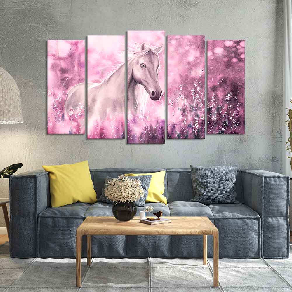 Beautiful White Horse Premium Wall Painting of Five Pieces - Image 3