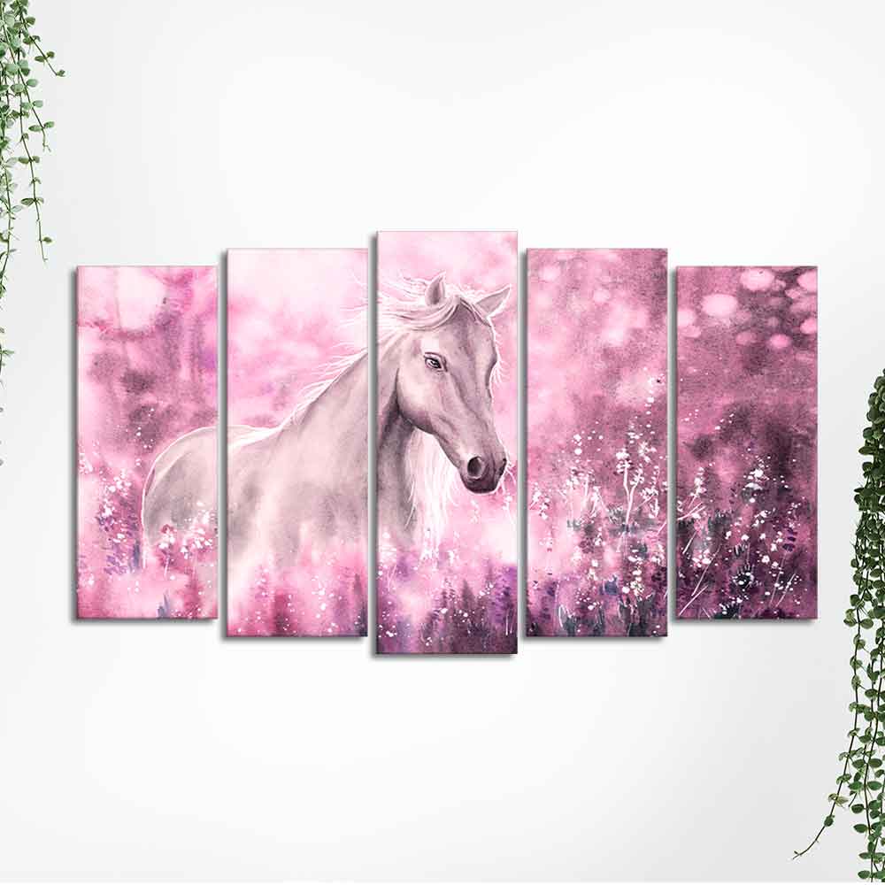 Beautiful White Horse Premium Wall Painting of Five Pieces - Image 5