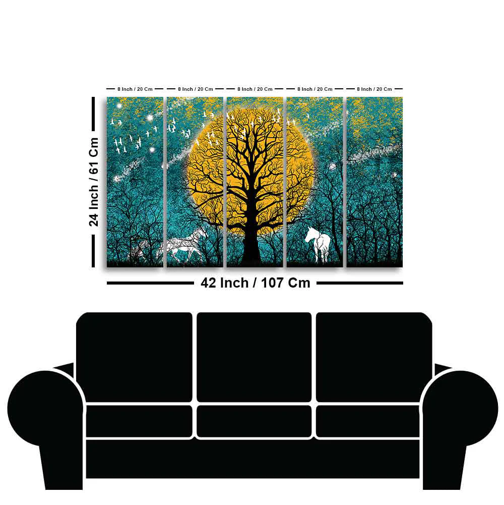 Beautiful White Horses in Forest Premium Wall Painting of Five Pieces - Image 6