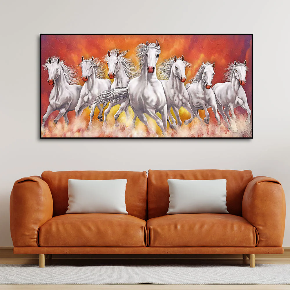 Beautiful White Seven Running Horse Premium Canvas Wall Painting - Image 3