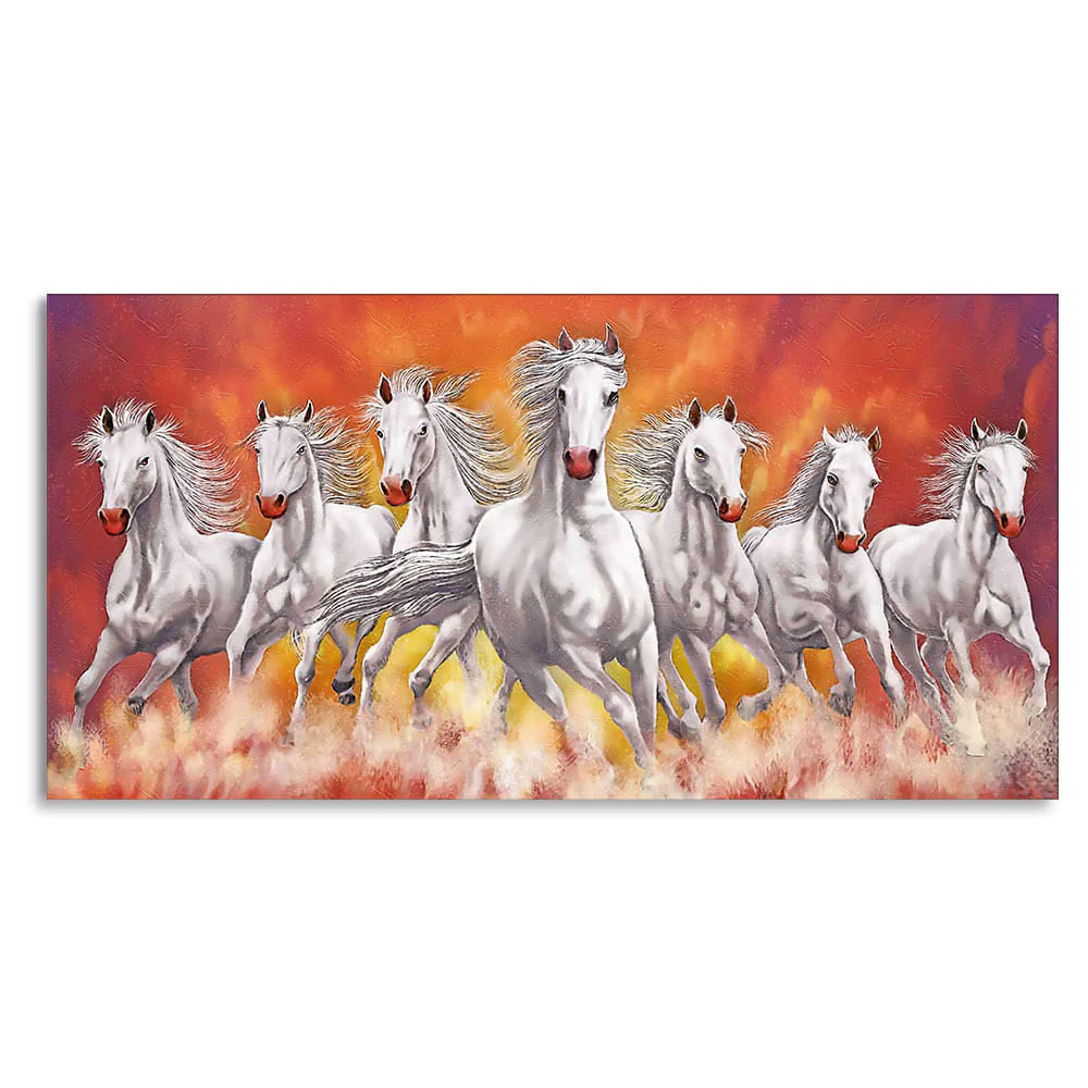 Beautiful White Seven Running Horse Premium Canvas Wall Painting - Image 4