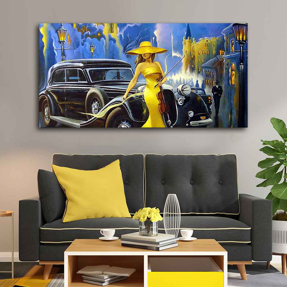 Beautiful Woman with car Canvas Wall Painting - Image 2