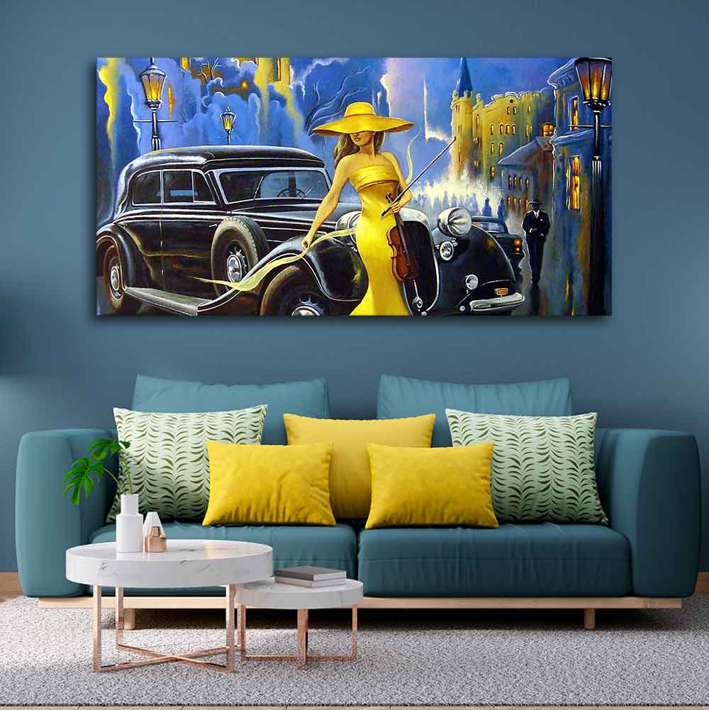Beautiful Woman with car Canvas Wall Painting - Image 3
