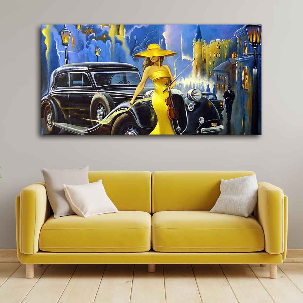 Beautiful Woman with car Canvas Wall Painting - Image 4