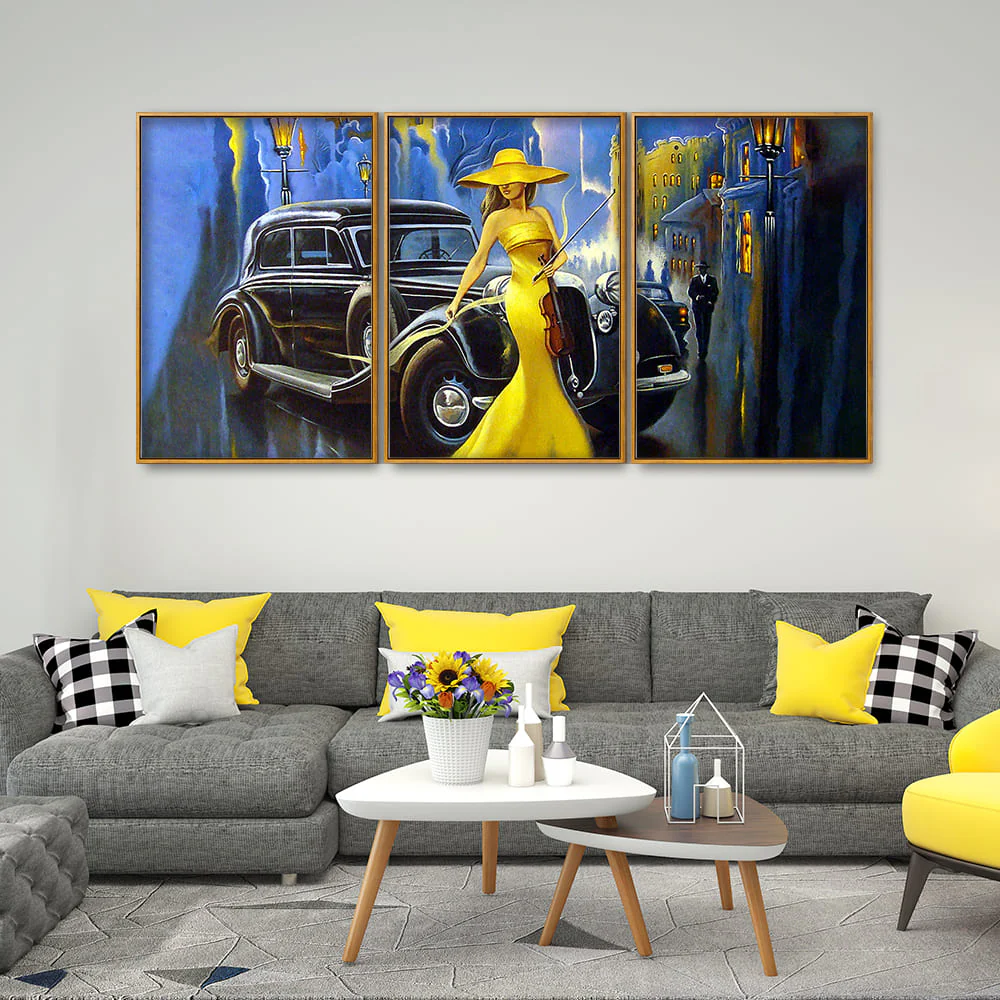 Beautiful Woman with Car Floating Canvas Wall Painting Set of Three