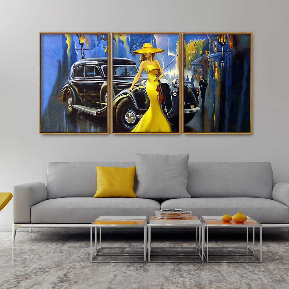 Beautiful Woman with Car Floating Canvas Wall Painting Set of Three - Image 2