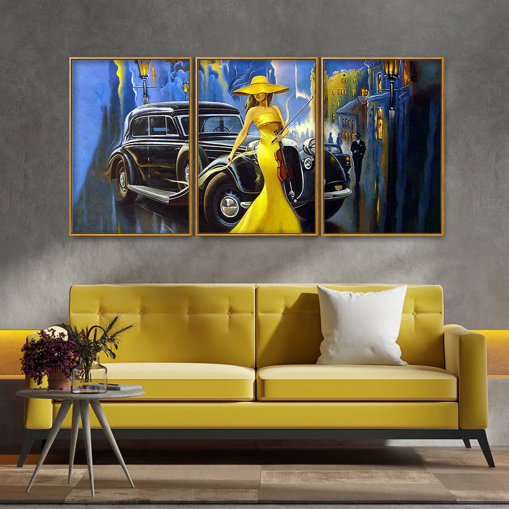 Beautiful Woman with Car Floating Canvas Wall Painting Set of Three - Image 3