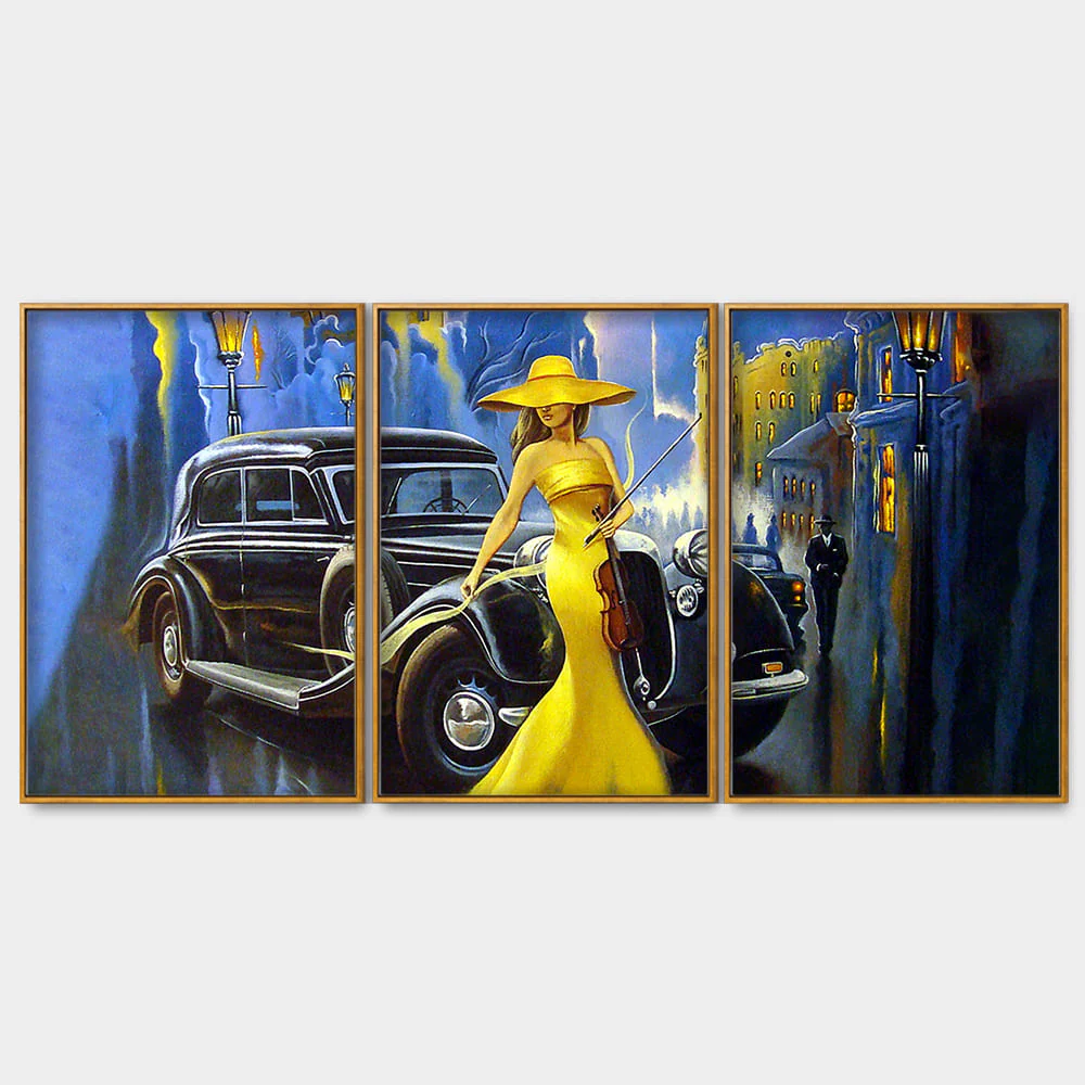 Beautiful Woman with Car Floating Canvas Wall Painting Set of Three - Image 4