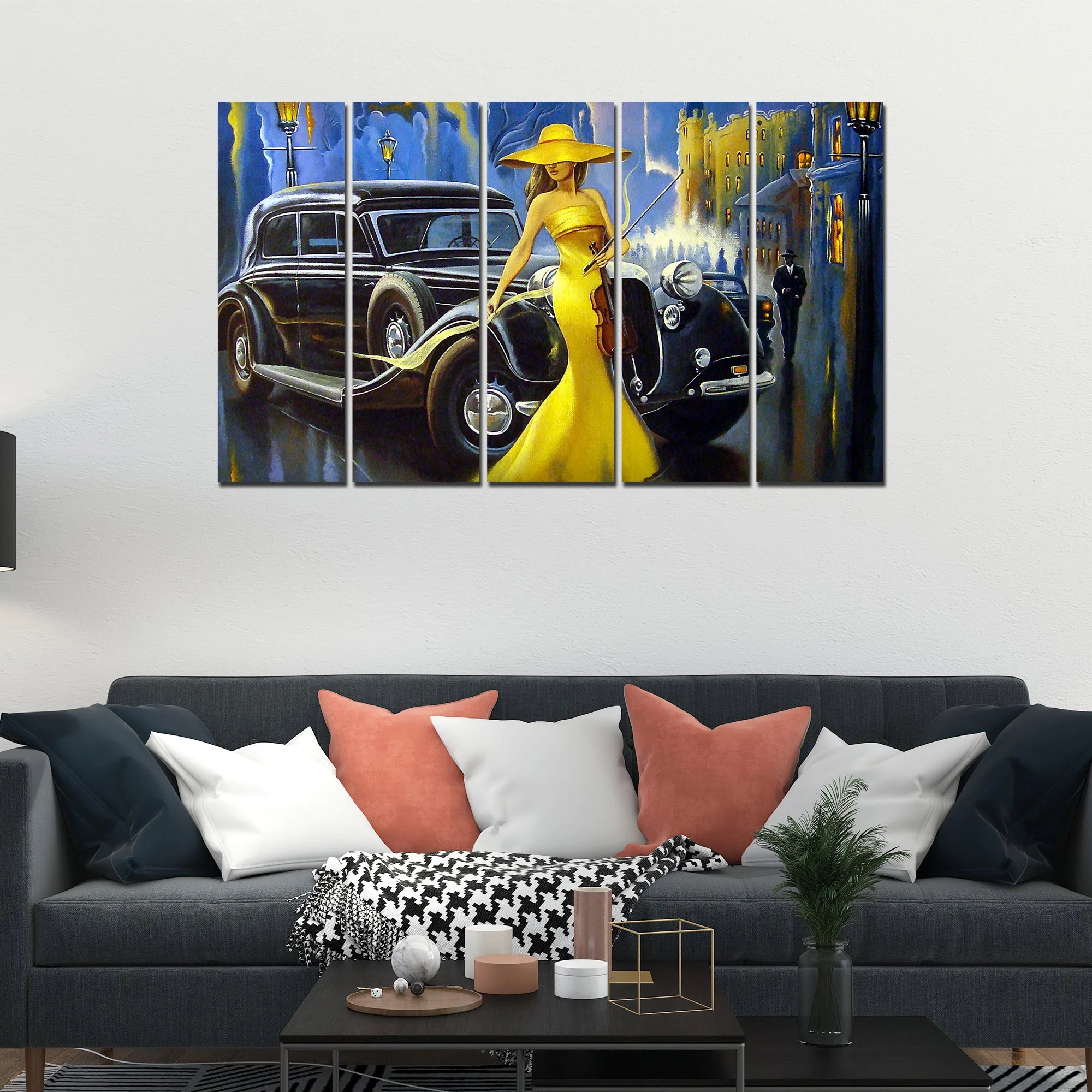Beautiful Women with car Canvas Wall Painting 5 Pieces - Image 3