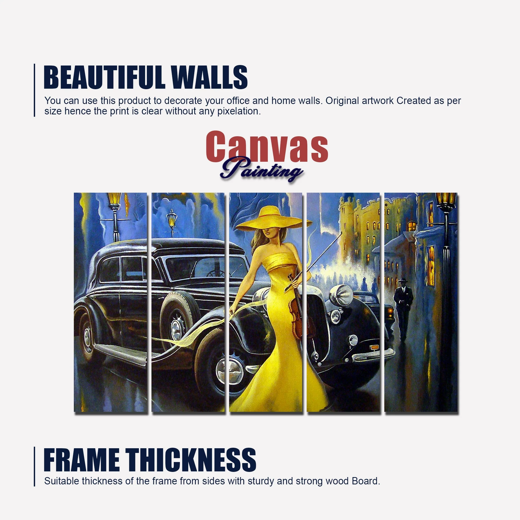 Beautiful Women with car Canvas Wall Painting 5 Pieces - Image 5