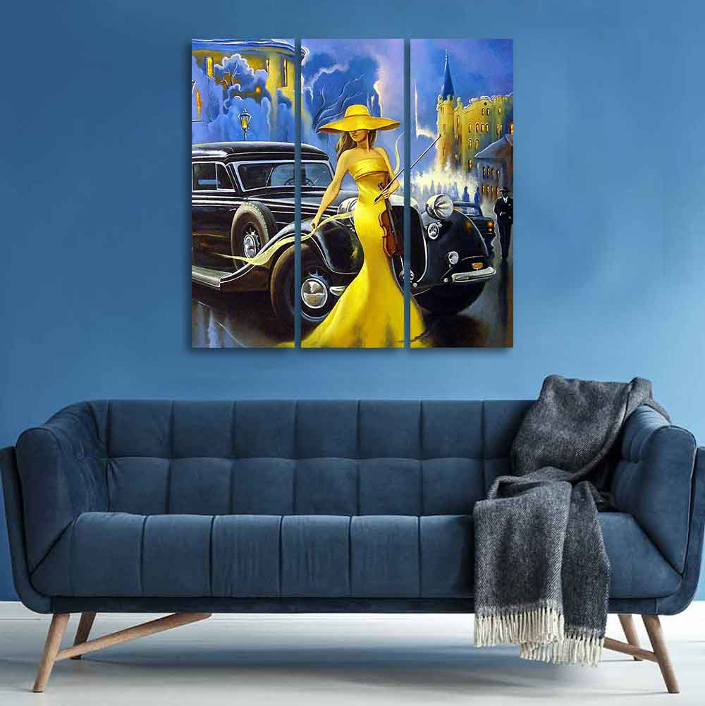 Beautiful Women with Car Panoramic 3 Pieces Wall Painting - Image 2