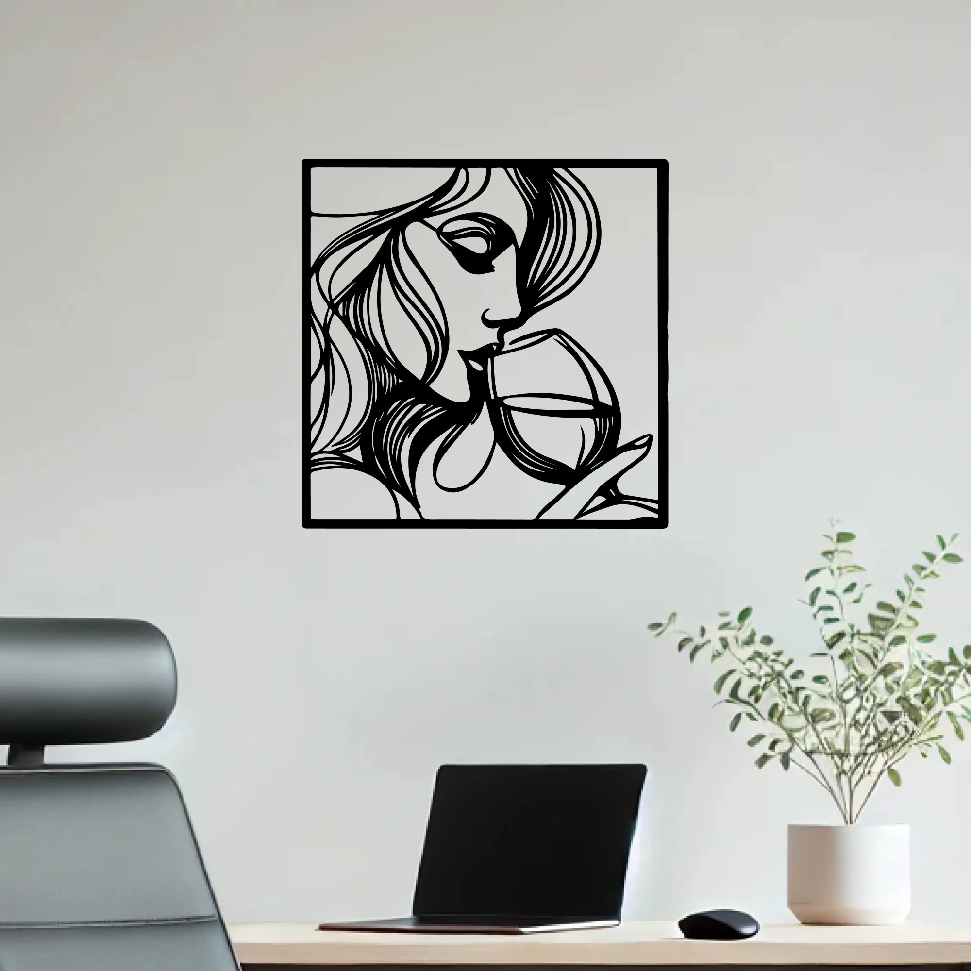Beautiful Women With Wine Line Art Metal Art Wall Decor - Image 2