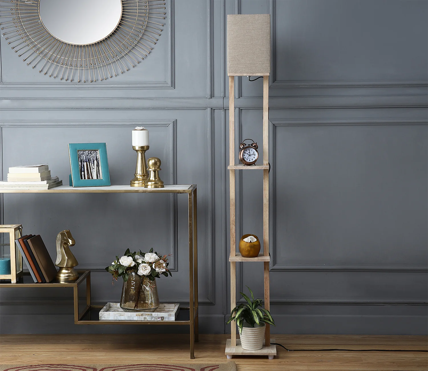 Beige Color Cotton Shade 3 Tier Shelf Storage Solid Wooden Floor Lamp