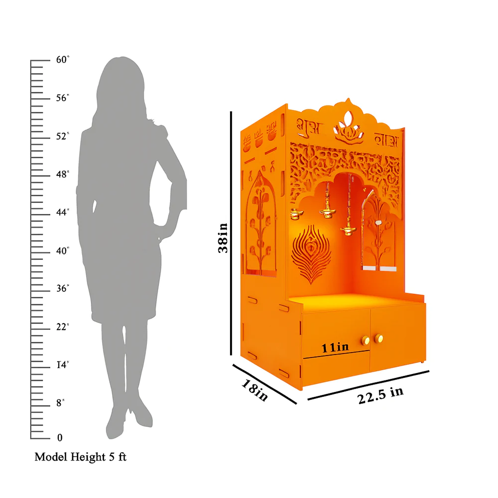 Bhagwa Wooden Floor Pooja Mandir with Laser-Cut Lotus & Bell Doors Shubh Labh Design Hanging Diya Motifs & Storage Cabinet - Image 3