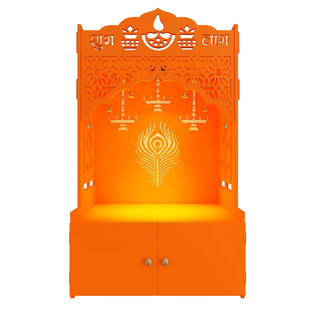 Bhagwa Wooden Floor Pooja Mandir with Shubh Labh Design Floral & Peacock Feather Motifs Laser-Cut Panels & Storage Cabinet - Image 4