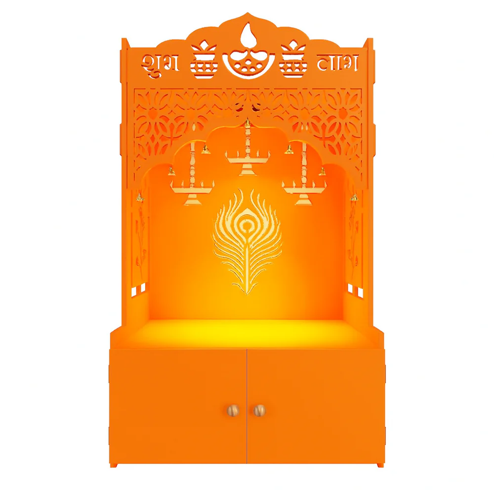 Bhagwa Wooden Floor Pooja Mandir with Shubh Labh Design Floral & Peacock Feather Motifs Laser-Cut Panels & Storage Cabinet - Image 5