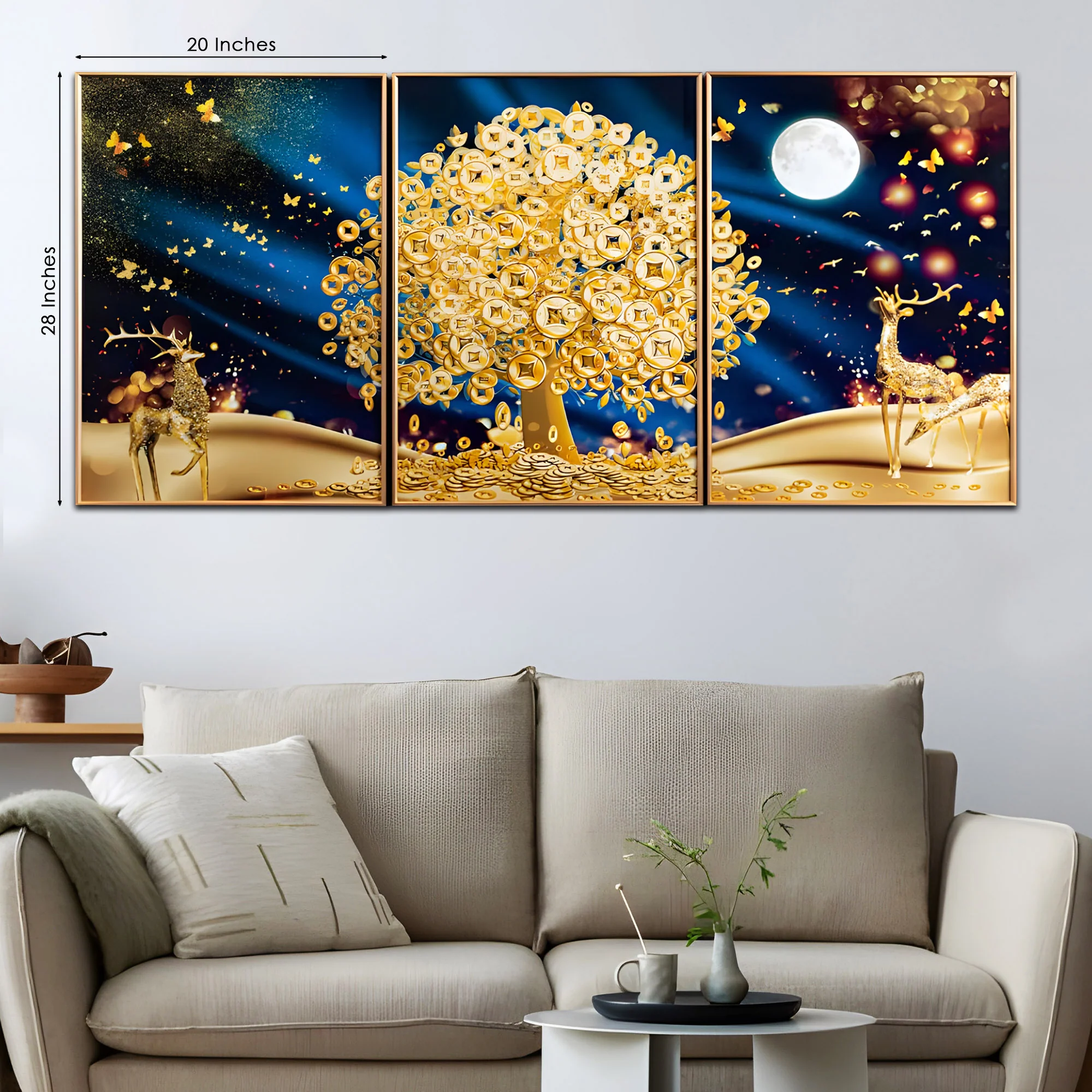 Big Golden Tree Framed Crystal Glass Painting Set of 3 - Image 3