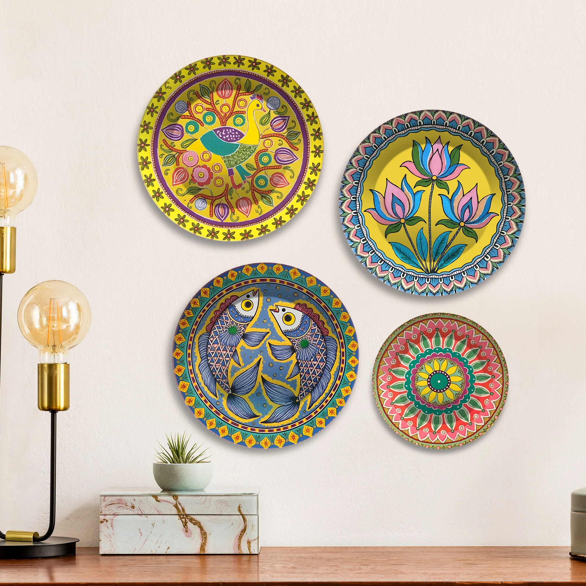 Bird, Lotus & Fish Designs Premium Wall Plates Painting Set of Four - Image 3