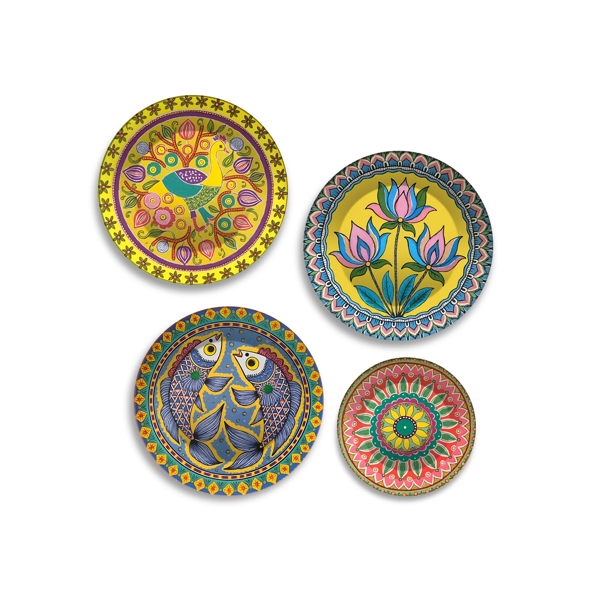 Bird, Lotus & Fish Designs Premium Wall Plates Painting Set of Four - Image 4