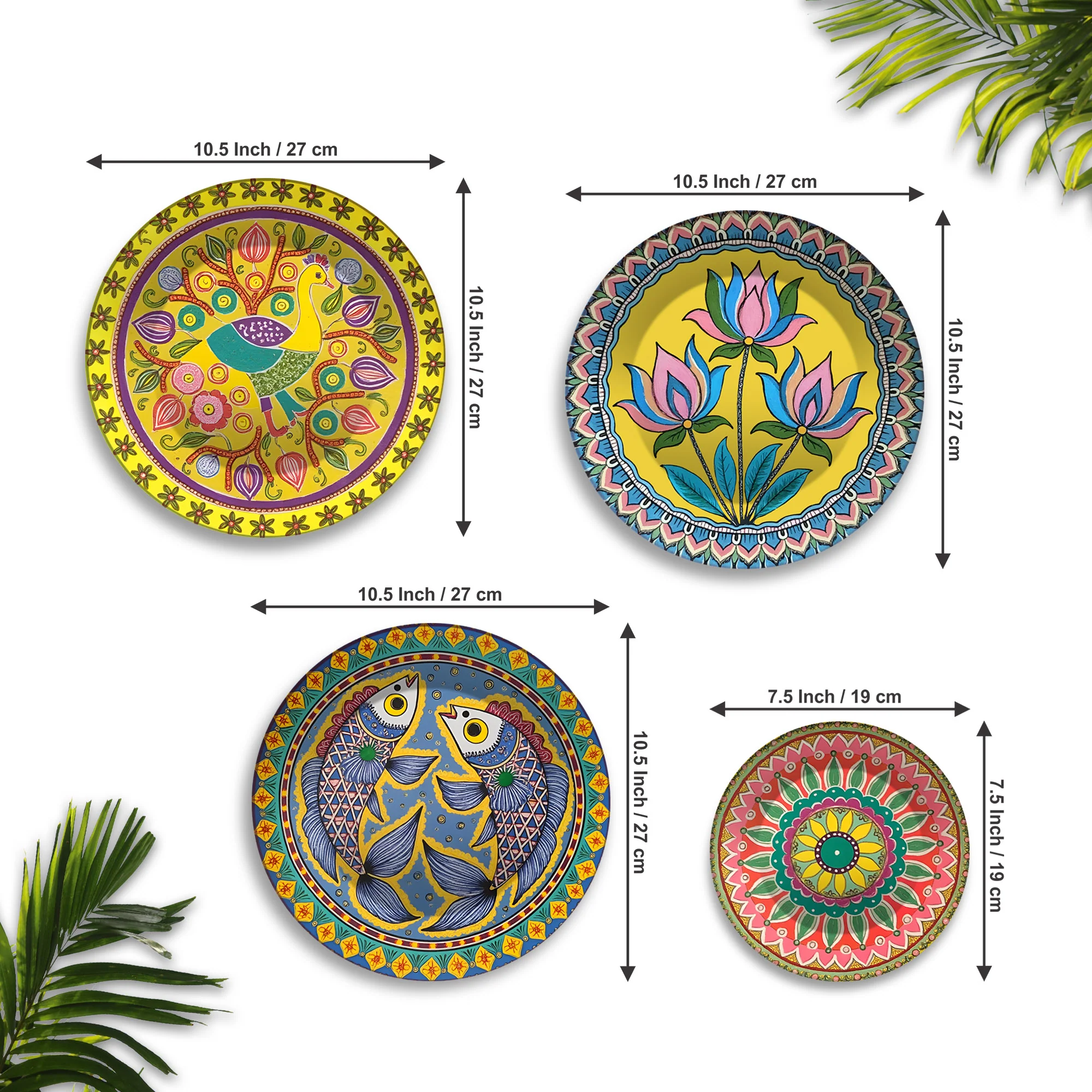 Bird, Lotus & Fish Designs Premium Wall Plates Painting Set of Four - Image 6