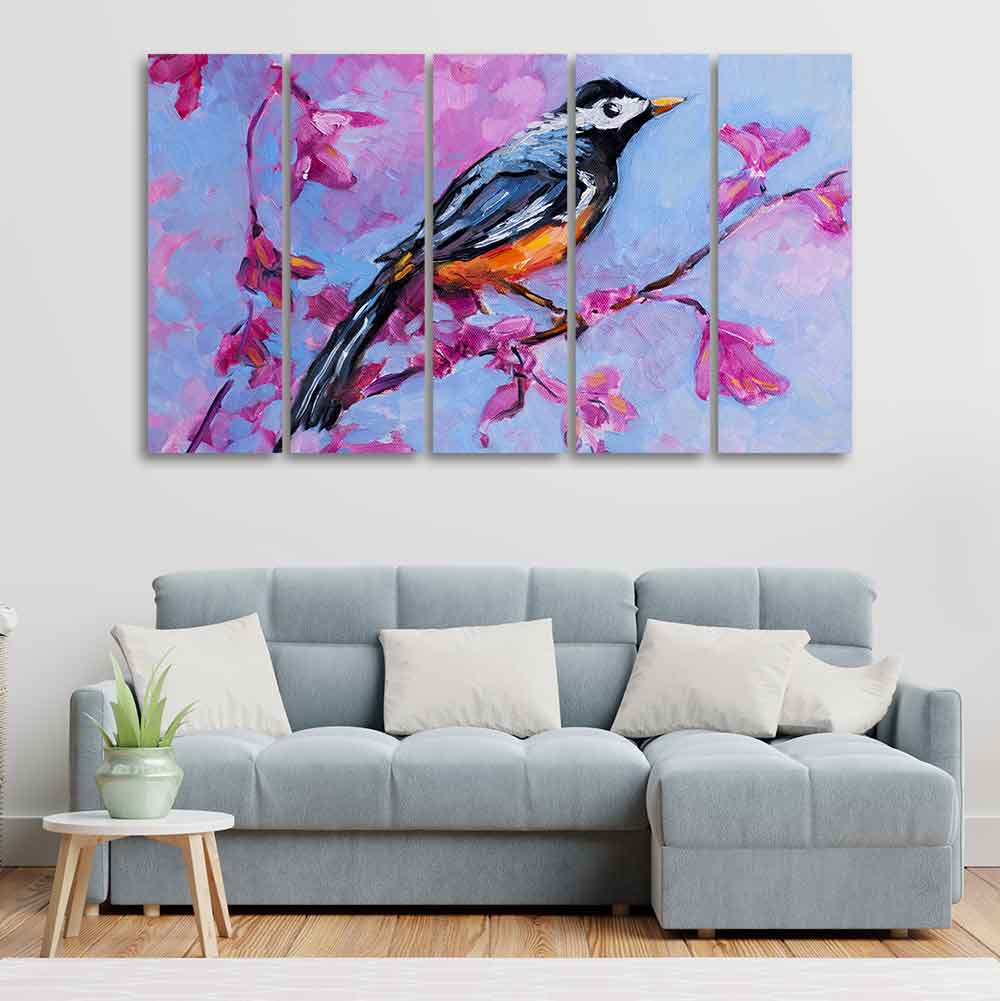 Bird with Nature Abstract Design Five Pieces Wall Painting - Image 2