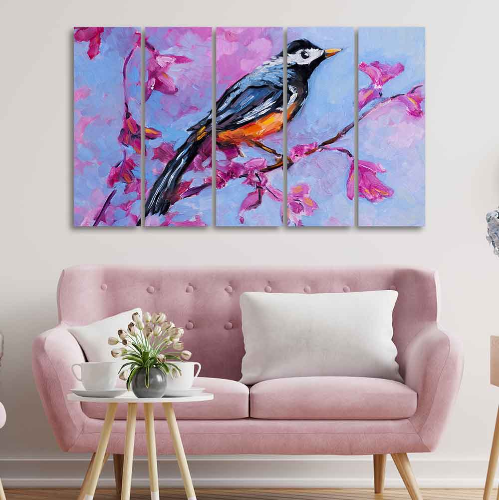 Bird with Nature Abstract Design Five Pieces Wall Painting - Image 3