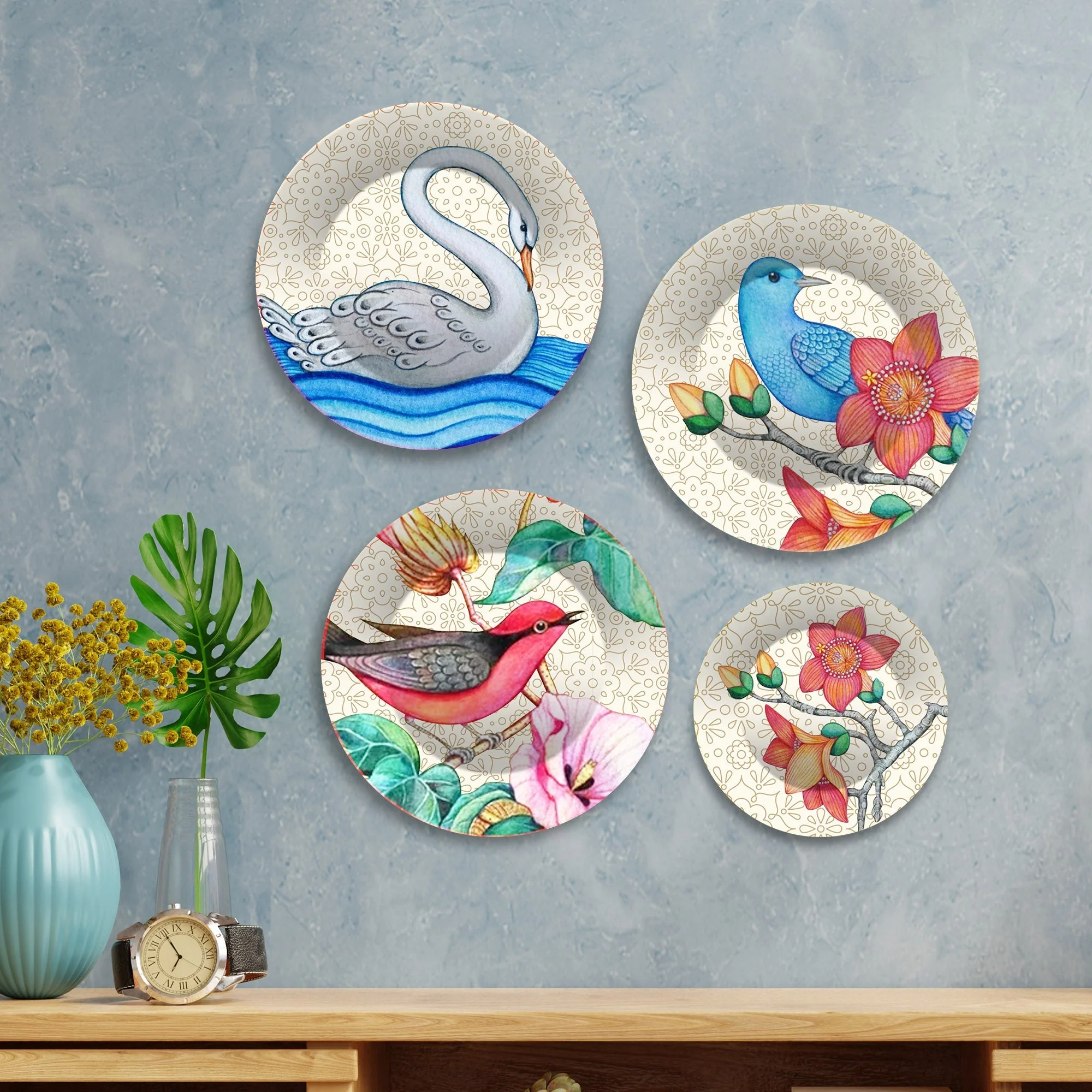 Birds and Flower Premium Wall Plates Painting Set of Four - Image 3