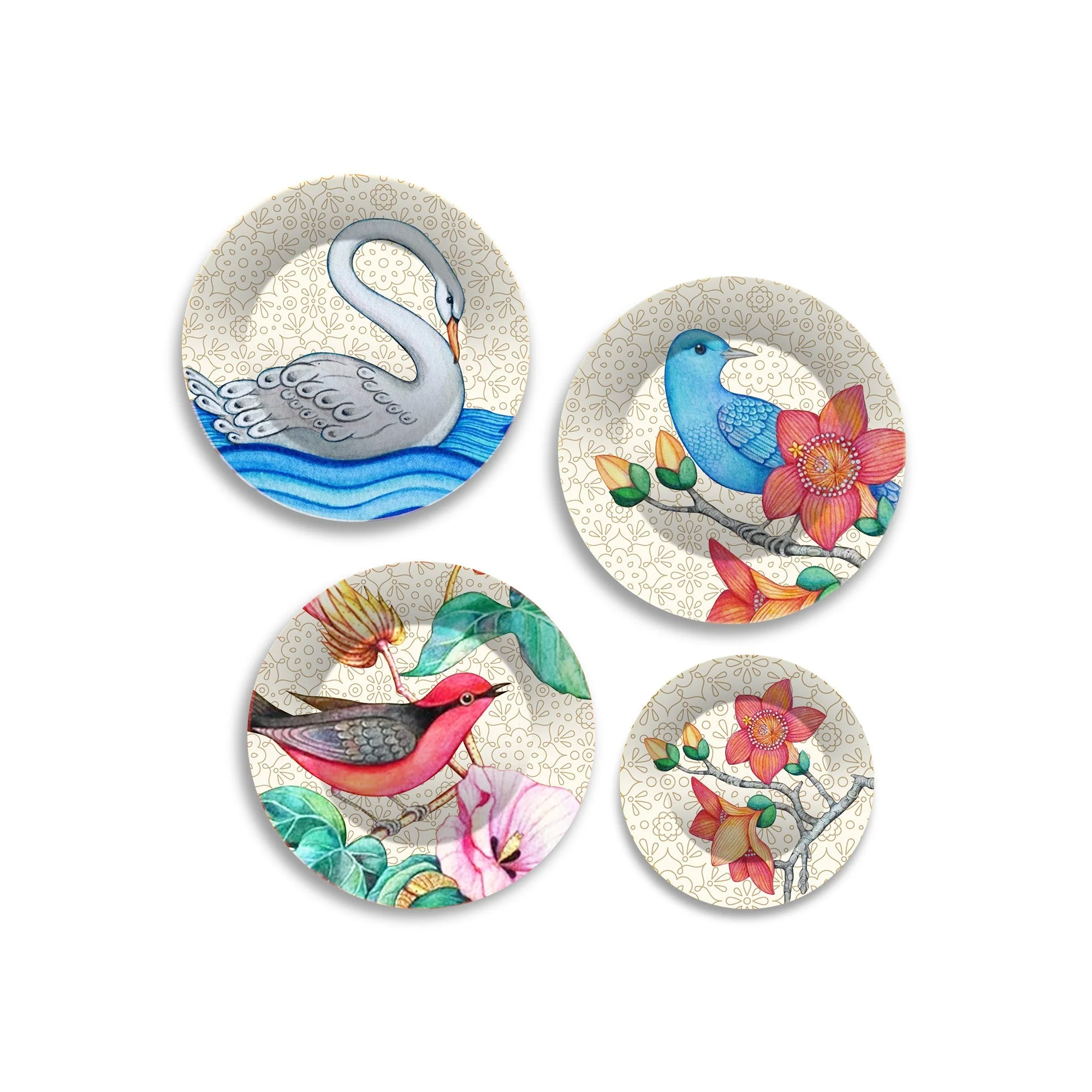 Birds and Flower Premium Wall Plates Painting Set of Four - Image 4