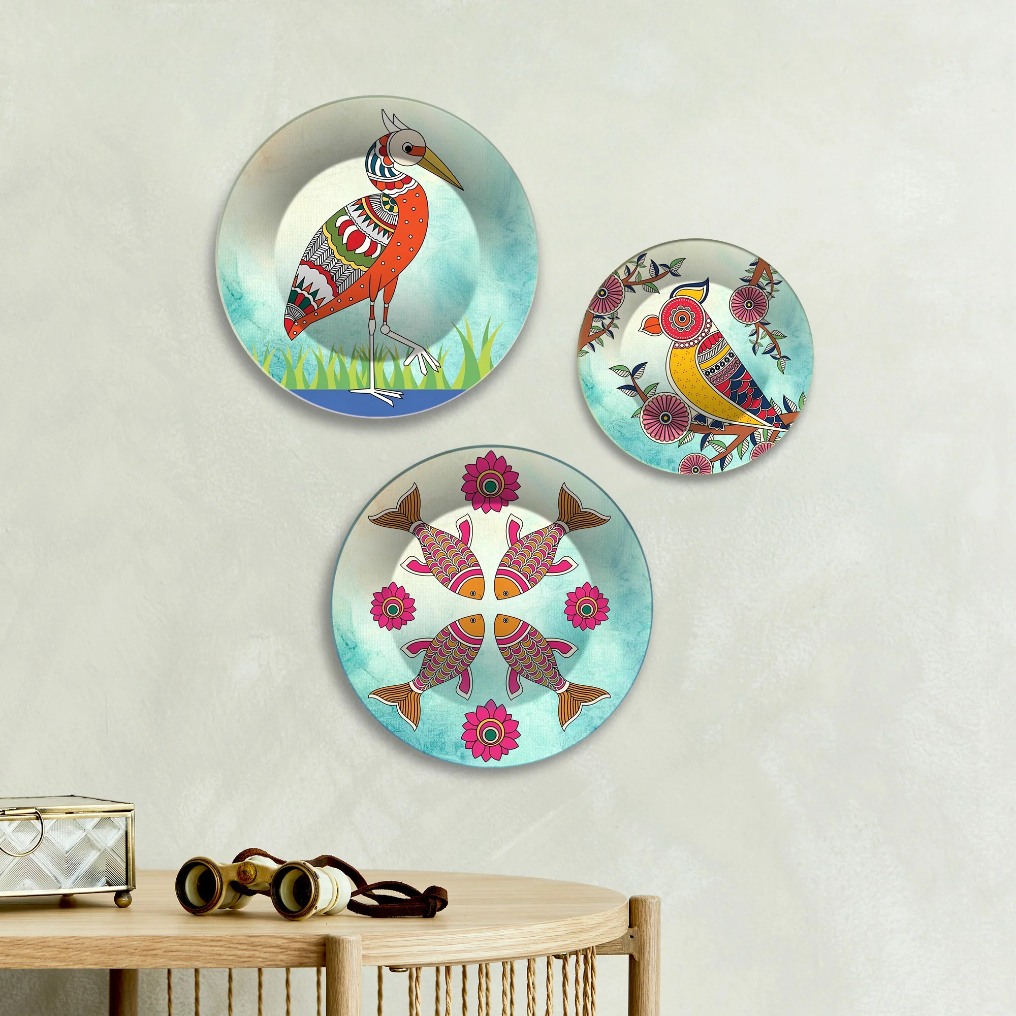 Birds & Fish Folk Aviary Premium Wall Plates Painting Set of 3 - Image 2