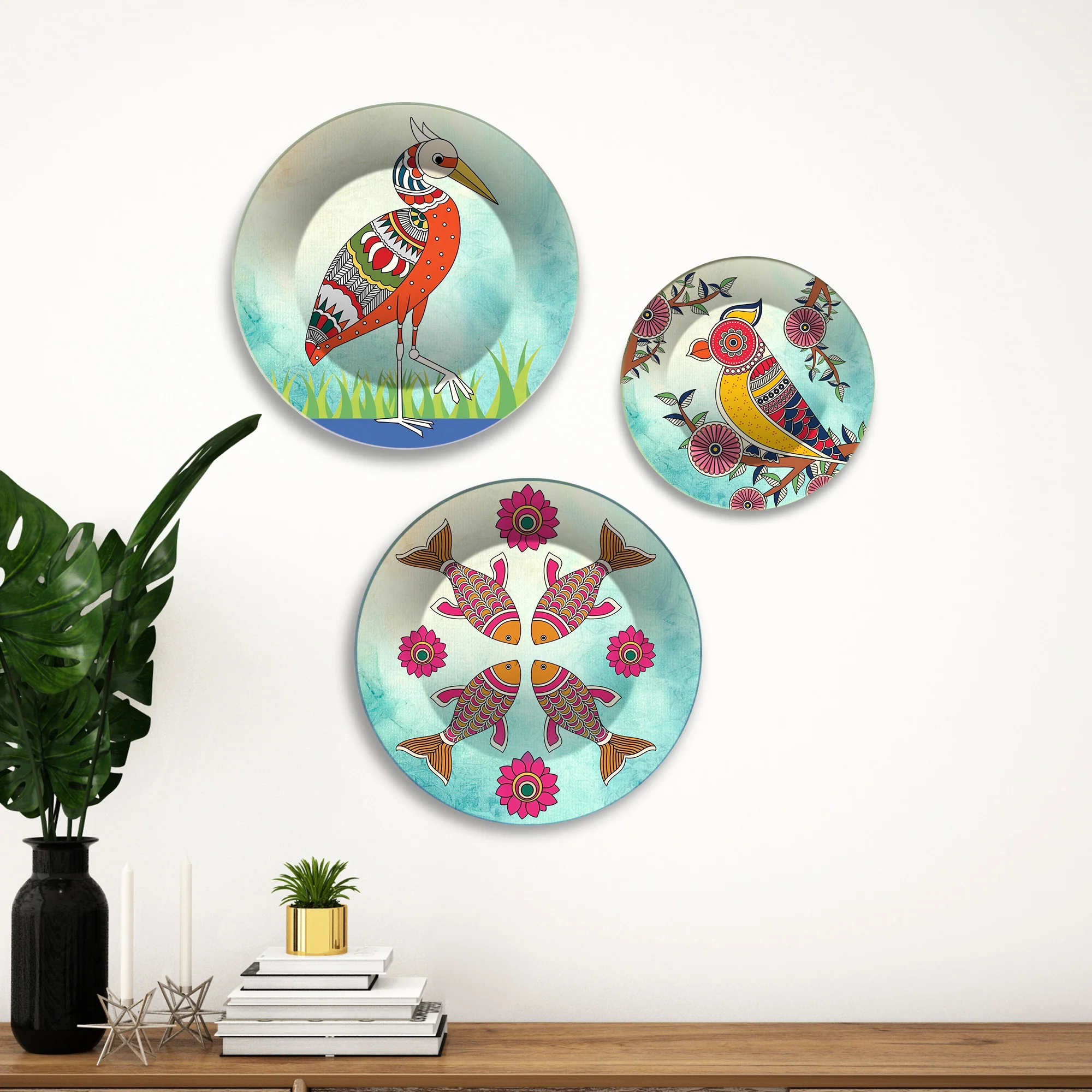 Birds & Fish Folk Aviary Premium Wall Plates Painting Set of 3 - Image 3