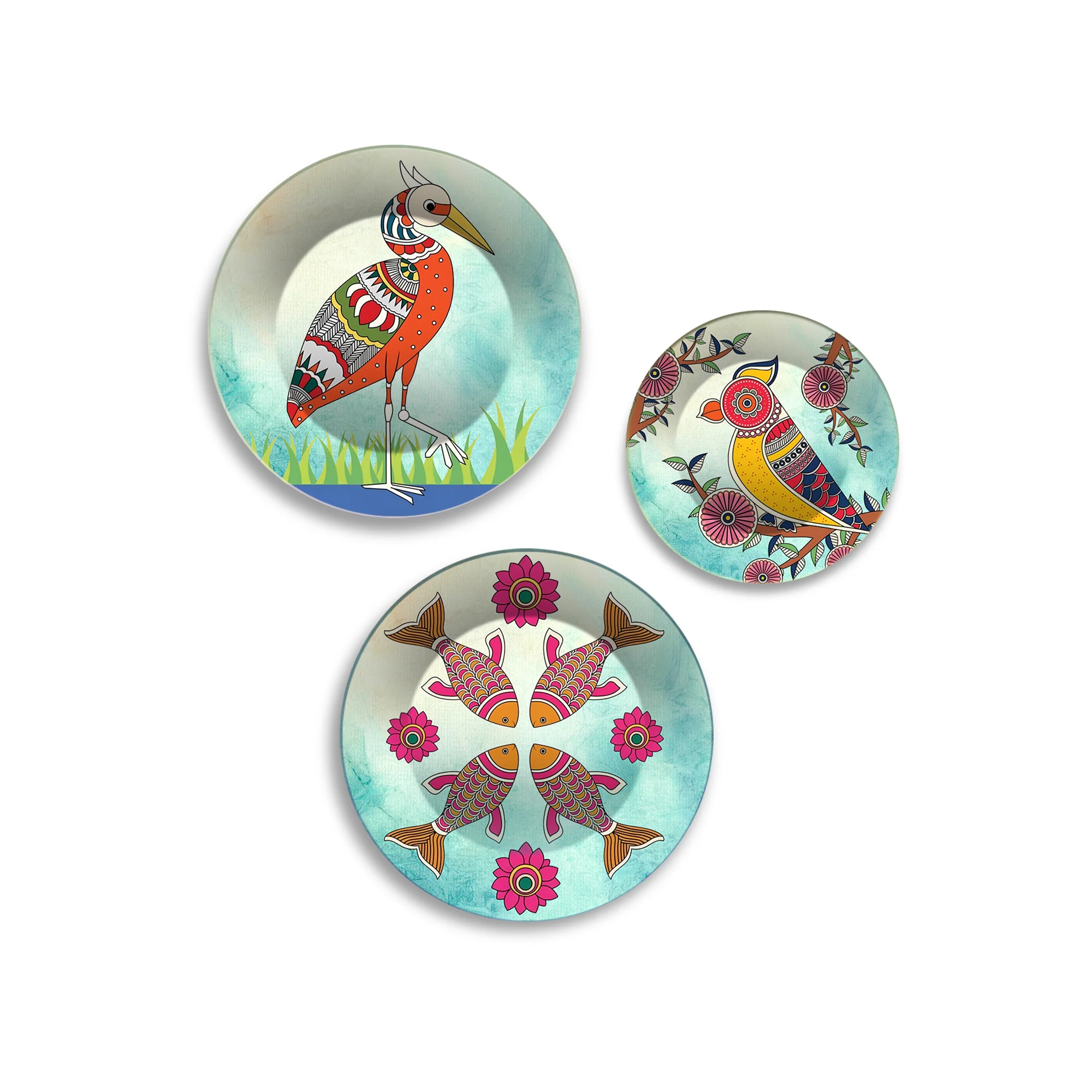 Birds & Fish Folk Aviary Premium Wall Plates Painting Set of 3 - Image 4
