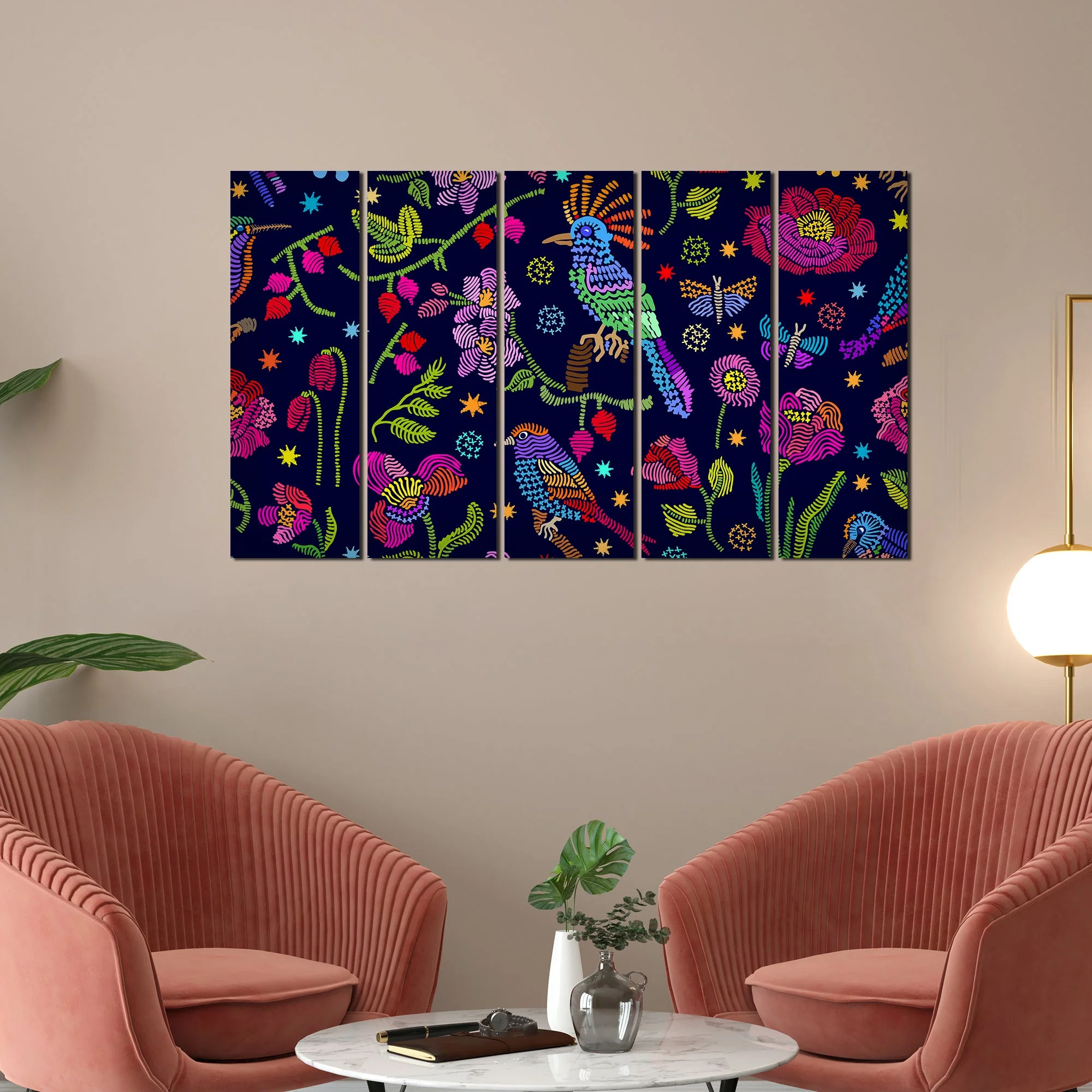 Birds, Flowers & Butterfly Canvas Wall Painting Set of Five - Image 2