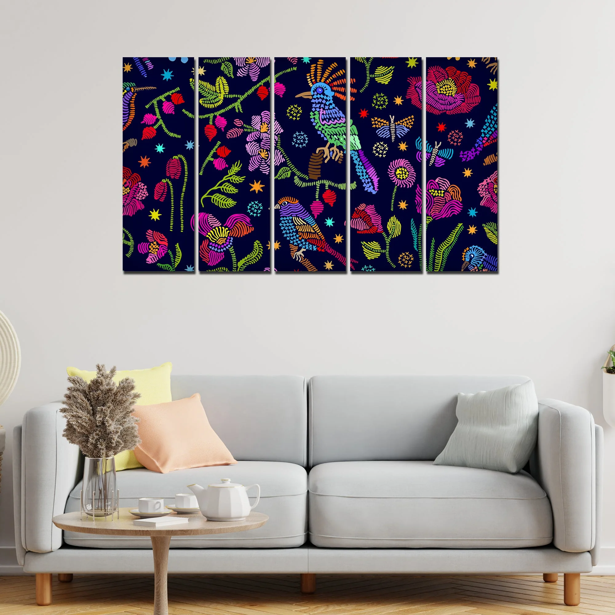 Birds, Flowers & Butterfly Canvas Wall Painting Set of Five - Image 3