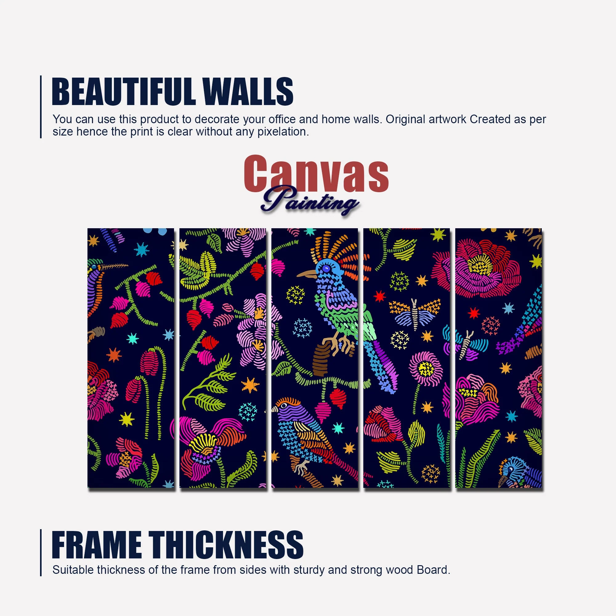 Birds, Flowers & Butterfly Canvas Wall Painting Set of Five - Image 5