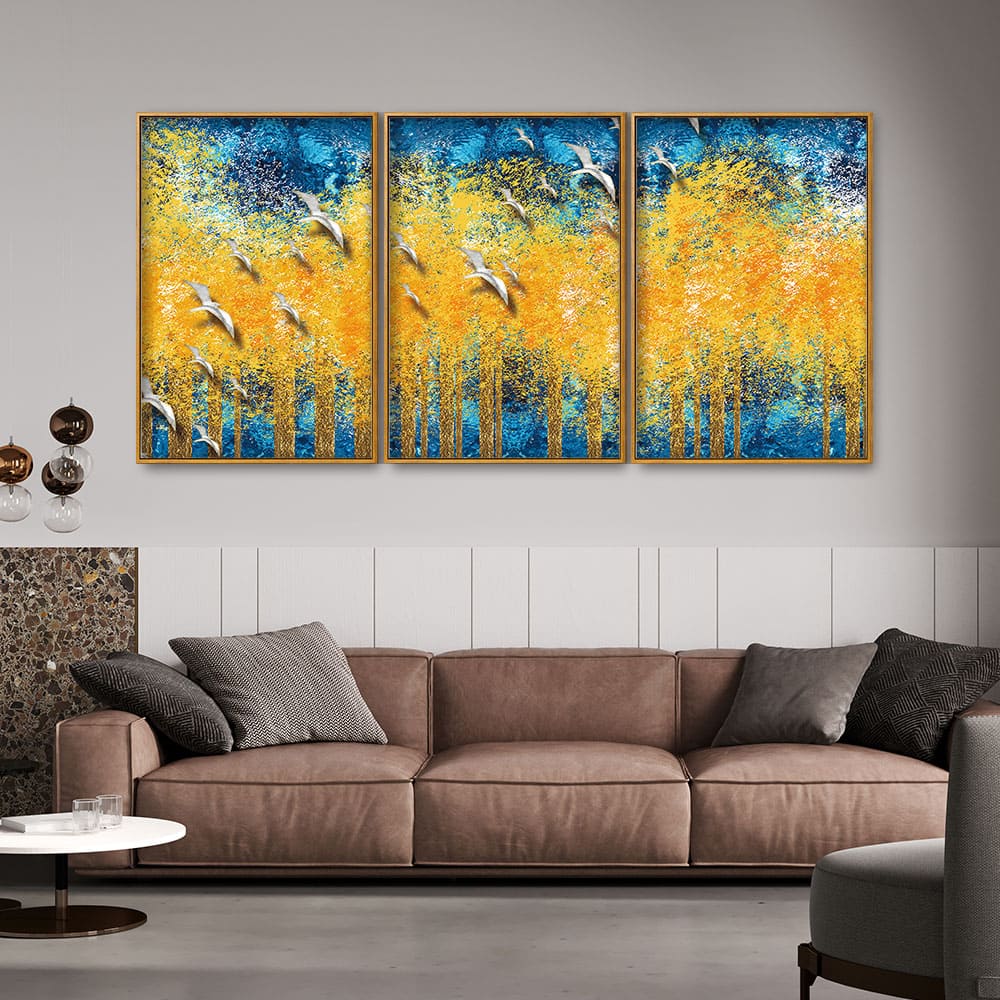 Birds Flying Over Golden Trees Forest Floating Canvas Wall Painting Set of Three - Image 2