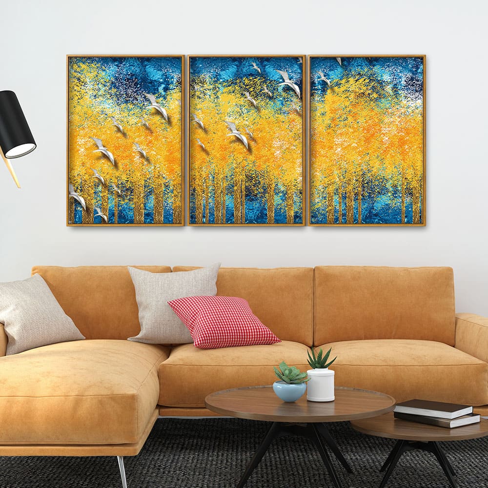 Birds Flying Over Golden Trees Forest Floating Canvas Wall Painting Set of Three - Image 3