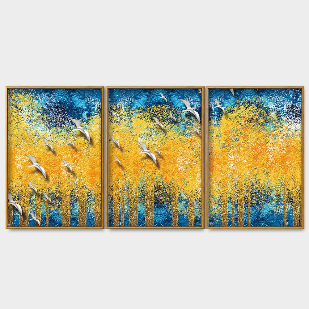 Birds Flying Over Golden Trees Forest Floating Canvas Wall Painting Set of Three - Image 4