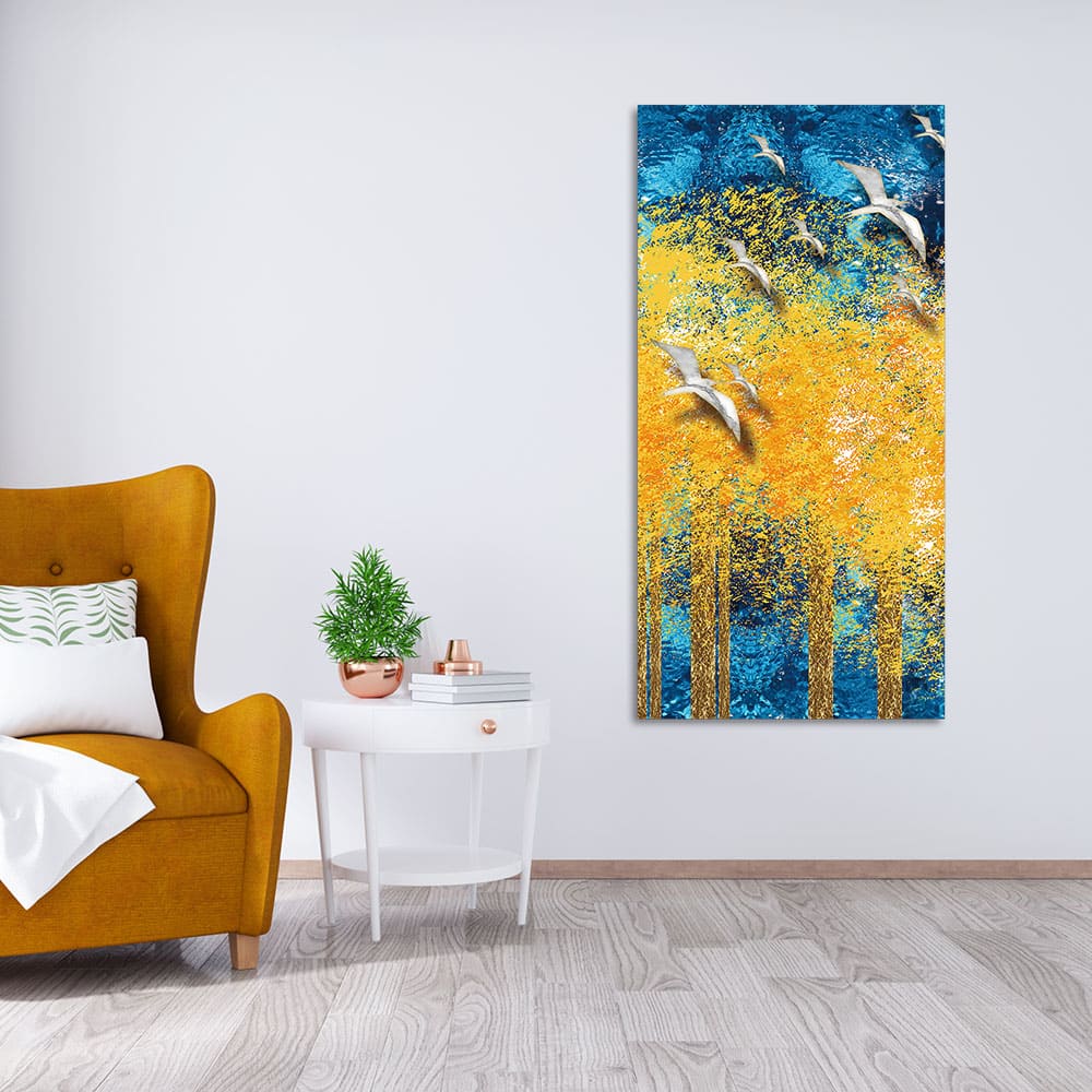 Birds Flying Over Golden Trees Forest Premium Canvas Wall Painting - Image 2