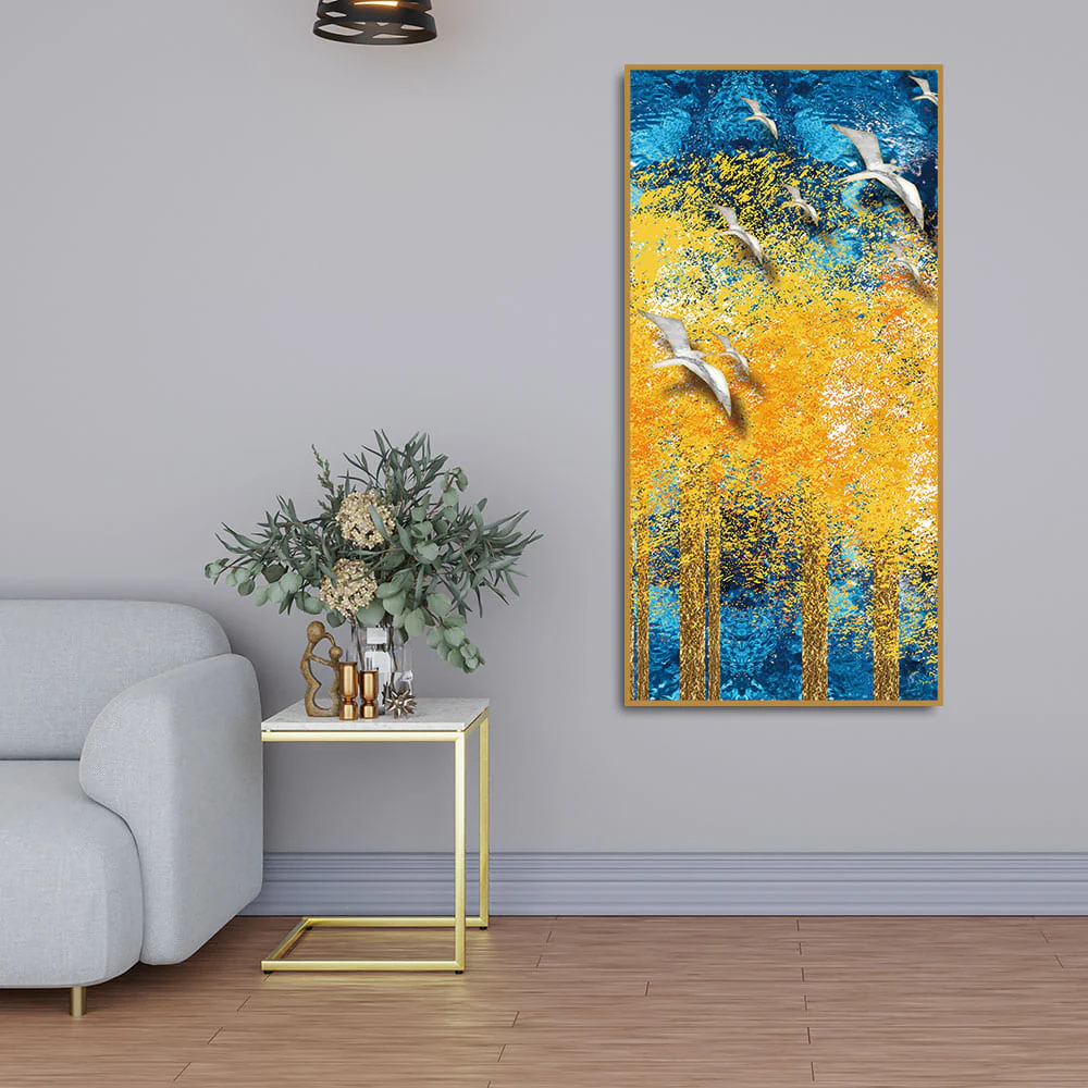 Birds Flying Over Golden Trees Forest Premium Canvas Wall Painting - Image 3